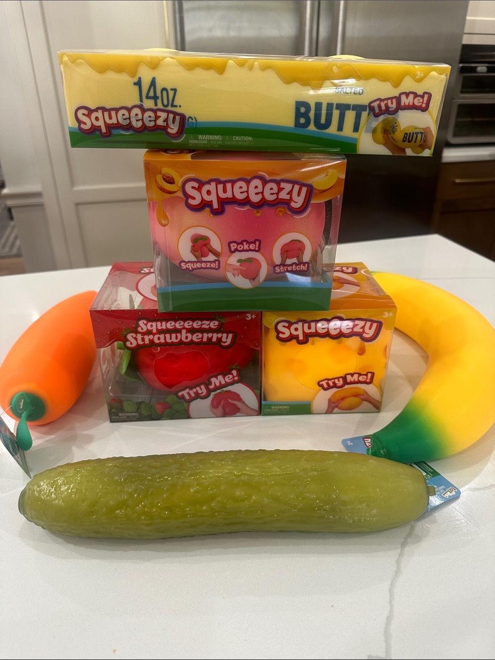 7 Squeezy sunny days –Cheese, Banana, carrot, strawberry, butter, Peach & Pickle